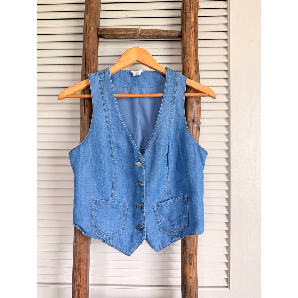 Sigrid Olsen Vest Small Blue Lyocell Denim Style Button Front Cinch Back